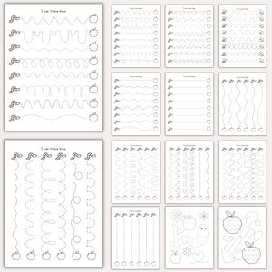 May include: A collection of black and white printable worksheets for tracing lines. Each page features dotted lines in various patterns, with images of apples and worms. The text "I can trace lines" is at the top of each page.