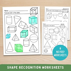 Może przedstawiać: Edukacyjne arkusze do rozpoznawania kształtów z geometrycznymi formami, takimi jak sześciany, kule i stożki. Arkusze zawierają tekst "Find and color in the cubes", "Find and color in the rectangular prisms" i "Find and color in the spheres". Obraz zawiera również tekst "6 NO PREP WORKSHEETS".
