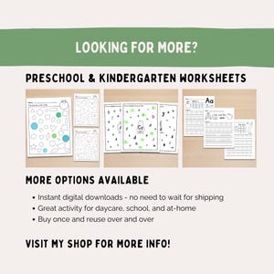Pu&ograve; includere: Una raccolta di schede didattiche per la scuola materna e dell'infanzia. L'immagine presenta vari fogli di attivit&agrave; con forme, lettere e numeri. Il testo include "Looking for More?" e "Preschool & Kindergarten Worksheets."
