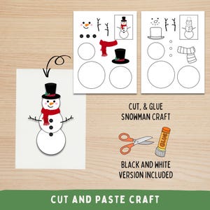 Könnte beinhalten: Bastelset für einen Schneemann mit einer fertigen Schneemann-Illustration und Ausschnittteilen. Der Schneemann hat einen schwarzen Zylinder, einen roten Schal und Zweigarme. Eine Schwarz-Weiß-Version ist enthalten.