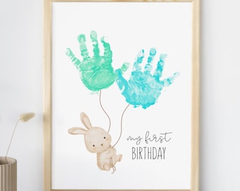 Il mio primo lavoretto di compleanno con l'impronta della mano, ricordo artistico del primo compleanno, coniglietto artistico con l'impronta della mano del bambino, ricordo artistico di compleanno con palloncino con l'impronta della mano
