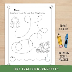 Fall Line Tracing Worksheet Bundle, Autumn Preschool Fine Motor Skills Worksheets, Color and Trace Prewriting Practice Kindergarten