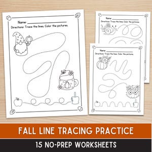 Fall Line Tracing Worksheet Bundle, Autumn Preschool Fine Motor Skills Worksheets, Color and Trace Prewriting Practice Kindergarten