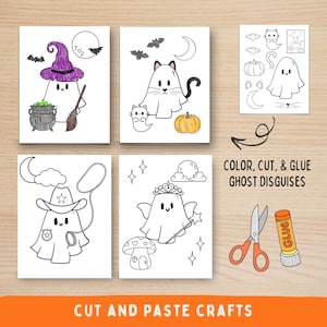 Puede incluir: Páginas para colorear con temática de Halloween con personajes de fantasmas disfrazados de bruja, gato y vaquero. La imagen incluye el texto "COLOR, CUT, & GLUE GHOST DISGUISES" y "CUT AND PASTE CRAFTS". También se muestran tijeras y pegamento.