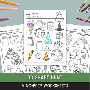 May include: Black and white worksheet with various 3D shapes to color, including an ice cream cone, soccer ball, and party hat. The text "3D SHAPE HUNT" and "6 NO-PREP WORKSHEETS" are displayed at the bottom. Crayons are scattered around the worksheets.