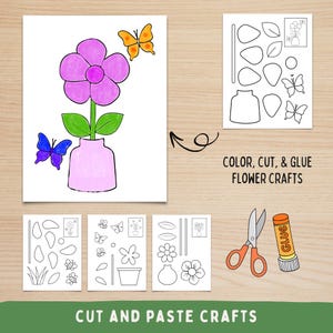 May include: A craft project featuring a purple flower in a pink vase with two butterflies. The image includes cut-out templates, scissors, and glue. Text reads: "COLOR, CUT, & GLUE FLOWER CRAFTS" and "CUT AND PASTE CRAFTS".