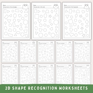 May include: A collection of black and white 2D shape recognition worksheets. Each worksheet features a different shape, such as rectangles, ovals, and trapezoids, with instructions to find and color the shapes. The text "2D SHAPE RECOGNITION WORKSHEETS" is at the bottom.