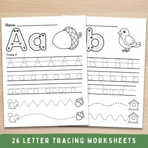 May include: Two white letter tracing worksheets with the letters 'A' and 'B', along with related images of an acorn and a bird. The worksheets include tracing lines for both uppercase and lowercase letters. The text at the bottom reads: '26 LETTER TRACING WORKSHEETS'.