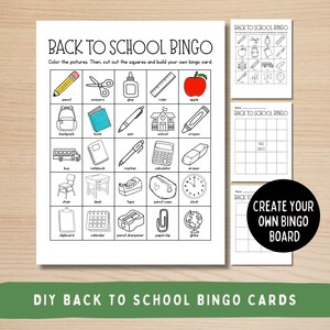 May include: A DIY back-to-school bingo card with various school-related illustrations, including a pencil, scissors, and apple. The text "BACK TO SCHOOL BINGO" is at the top, with instructions below. Additional bingo cards are also shown.