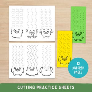 May include: White cutting practice sheets with dotted lines and cartoon monster illustrations. The sheets feature various line patterns for scissor practice. Additional green and yellow cards with monster designs are included. Text reads "Cutting Practice Sheets" and "12 Low Prep Pages."