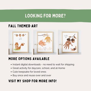 Pu&ograve; includere: Stampe artistiche a tema autunnale con cornice in legno chiaro. Le stampe presentano impronte di mani, ghiande e uno scoiattolo. Il testo "Hello Fall" e "Nuts About You" sono visibili. L'immagine include anche il testo "Looking for More?"