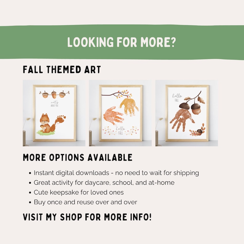 Pu&ograve; includere: Stampe artistiche a tema autunnale con cornice in legno chiaro. Le stampe presentano impronte di mani, ghiande e uno scoiattolo. Il testo "Hello Fall" e "Nuts About You" sono visibili. L'immagine include anche il testo "Looking for More?"