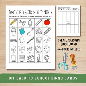 May include: A black and white DIY Back to School Bingo card with school-themed illustrations, including a pencil, scissors, and apple. A smaller bingo card is included, along with scissors and glue. The text "Create Your Own Bingo Board 4x4 Board Included" is also present.