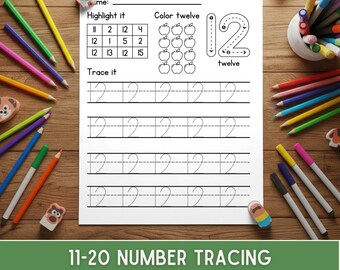 11-20 Number Tracing Worksheets, Number Tracing Cards, Preschool Tracing Numbers Sheets, Handwriting Practice Kindergarten