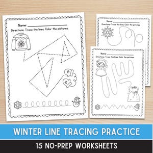 May include: Black and white winter-themed line tracing worksheets. The worksheets feature images of a sweater, mittens, a snowflake, a snowman, and a girl. The text at the bottom reads "WINTER LINE TRACING PRACTICE" and "15 NO-PREP WORKSHEETS."