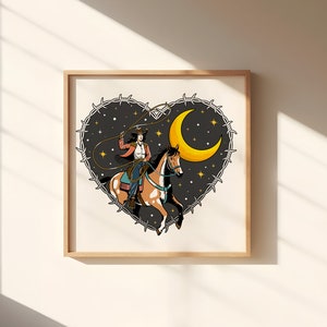 Wooden Framed Cowgirl Roping Moon, Barbed Wire Heart Print