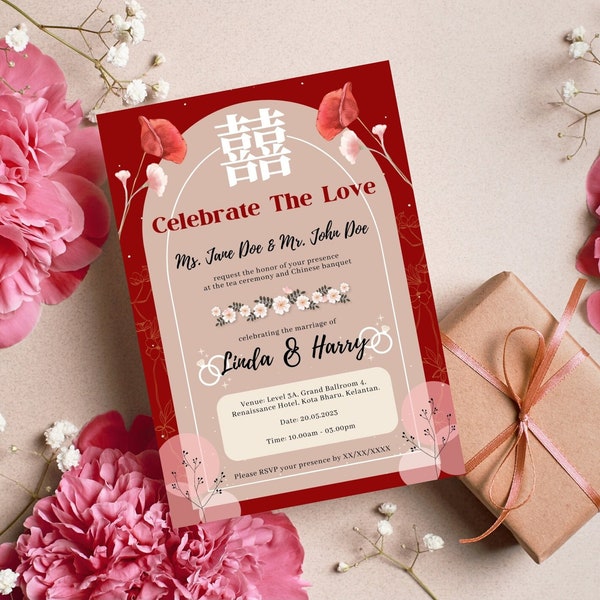 Asian Wedding Invitation Template, Floral Chinese Wedding Card, DIY Printable Invitation, Red Double Happiness 结婚请柬