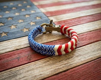Brass Shackle, American Flag Paracord Bracelet, USA Patriotic Jewelry, America 250