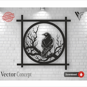 May include: Black metal wall art featuring a crow perched on a branch inside a circle. The design is framed by a square made of metal bars. The art is mounted on a white brick wall.