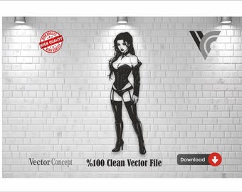 Gothic Girl Silhouette SVG, Sexy Woman Warrior DXF, Fantasy Pin Up Laser Cut File, Man Cave Metal Wall Art, Lingerie Model Vector, CNC Plan