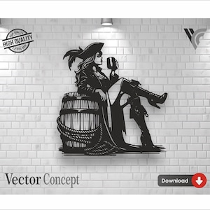 Op de afbeelding: Zwart silhouet van een piratenvrouw die op een vat zit en een mok vasthoudt. De afbeelding is een vectorconcept met de woorden "High Quality" en "Vector Concept". Er is ook een downloadknop aanwezig.