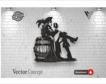 Pirate Girl Leaning on Barrel SVG - CNC Plasma DXF Laser Cut File - Female Pirate Vector - Cricut, Glowforge, Metal Art - Clean Nodes