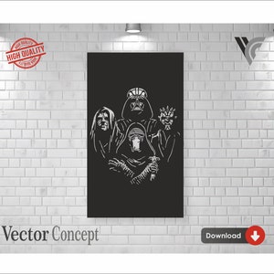 Puede incluir: Impresión artística rectangular negra con dibujo lineal blanco de cuatro personajes de Star Wars. La impresión está montada en una pared de ladrillos blancos. Las palabras "Vector Concept" están en la parte inferior izquierda. Un sello rojo "High Quality" está en la parte superior izquierda.