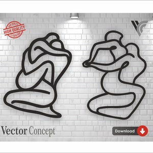 Könnte beinhalten: Zwei schwarze Linienzeichnungen von Personen in einer Umarmung auf einem weißen Ziegelmauerhintergrund. Der Text "Vector Concept" befindet sich unter den Bildern und "Download" unter dem rechten Bild.
