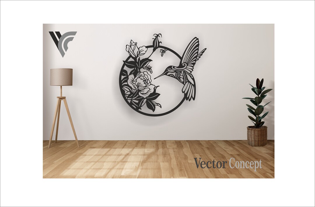 Hummingbird on Flower Vector Wall Art Suitable for CNC Cutting and