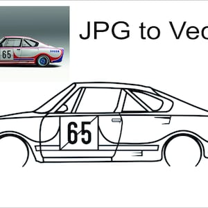 以下が含まれることがあります： ドアに65の番号が記されたレーシングカーの白黒線画。JPG to Vectorというテキストと、白い車体に赤と青のレーシングストライプが施された同じ車の小さなカラー写真の下に配置されています。