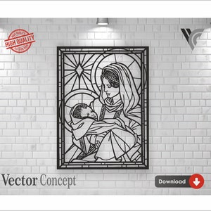 以下が含まれることがあります： 聖母マリアが赤ん坊のイエスを抱いている、白黒の線画イラスト。画像はステンドグラス風に額装され、上部に星が描かれている。