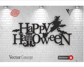 Halloween Wall Art Vector File: Witch & Bats CNC, Cricut (Digital Download)