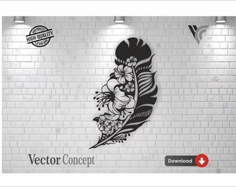 Floral Feather SVG Design: Laser Cut Wall Art Vector (Digital Download