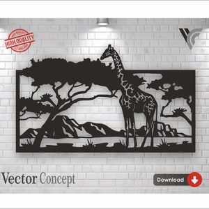 以下が含まれることがあります： 白いレンガの壁に、木と山の前で立っているキリンを描いた黒い金属製の壁飾り。