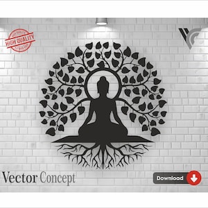 May include: Black silhouette of a meditating Buddha figure sitting within a tree with roots and leaves. The image is on a white brick background.