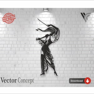 以下が含まれることがあります： 白いレンガの壁を背景に、バイオリンを演奏する女性の黒いシルエット。画像には「Vector Concept」というテキストと「High Quality」バッジが含まれています。ダウンロードボタンも表示されています。