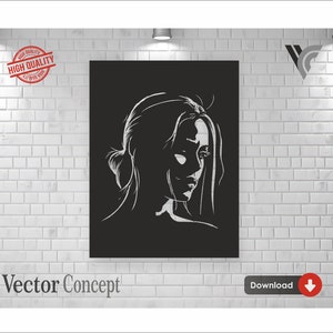 以下が含まれることがあります： 黒い背景に、長い髪の女性の顔の白黒シルエット。画像は額装され、白いレンガの壁にかけられています。