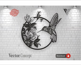 Colibrí en el arte de la pared del vector de la flor Adecuado para corte e impresión  (corte por plasma y láser) archivos svg, cdr, dwg, dxf