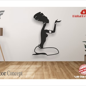 May include: Black silhouette of a kneeling woman with an elaborate headdress, earrings, and armbands. The image is a vector design, with the words "Digital Download" and "Vector Concept" visible. A lamp and plant are in the background.