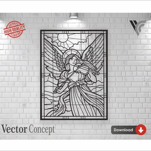 以下が含まれることがあります： バイオリンを弾く天使を描いた黒い金属製の壁の芸術。太陽と雲を背景にしています。アートワークは額装され、白いレンガの壁に取り付けられています。「Vector Concept」の文字が下にあります。