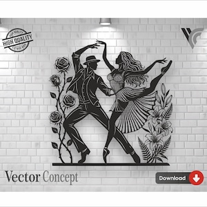 Peut inclure: Décoration murale en métal noir représentant un couple dansant, entouré d'éléments floraux. L'œuvre présente un homme en costume et chapeau, et une femme en robe. Les mots "Vector Concept" sont en bas. Un logo "High Quality" est en haut à gauche.