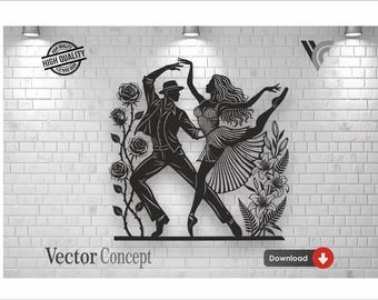 Dancing Couple SVG, Tango Dancers DXF, Laser Cut File, Metal Wall Art, CNC Plasma Plan, Floral Silhouette, Romantic Gift, Wood Router