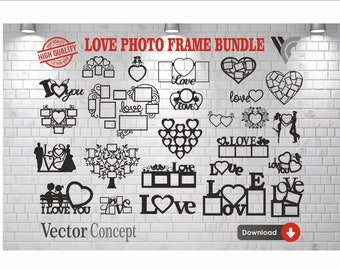 Valentine's Day Photo Frames Bundle  Wall Art Decor Vector File for Cnc Machine  and Cricut . File Formats :  Svg - Dxf - Cdr - Dwg  - EPS