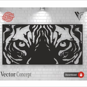 以下が含まれることがあります： 白と黒のベクターイラストで描かれた虎の顔。目は強調されている。白いレンガの壁を背景にしている。画像の下部には「Vector Concept」と「Download」のテキストが表示されている。