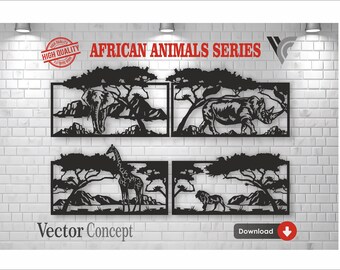 African Jungle Animals   Wall Art Decor Vector File for Cnc Machine  and Cricut . File Formats :  Svg - Dxf - Cdr - Dwg - Eps