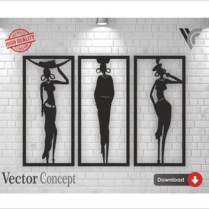 以下が含まれることがあります： 白いレンガの壁に、異なるポーズをとった女性を描いた黒いシルエットの壁飾り3点。それぞれのシルエットは黒い長方形で囲まれ、白いレンガの壁に設置されています。