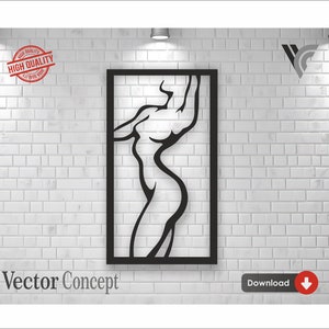 以下が含まれることがあります： 白いレンガの壁に、長方形の枠の中に人の体の黒と白のシルエットがあります。画像は「Vector Concept」と「ダウンロード」とラベル付けされています。