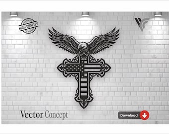 American Flag Cross SVG, Eagle Patriotic Wall Art, Christian Veteran Laser Cut File