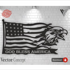 以下が含まれることがあります： アメリカ国旗とワシの頭、そして「GOD BLESS AMERICA」の文字が描かれた黒い金属製の壁掛けアート。デザインはベクターコンセプトで、左上に高品質のシールが付いています。