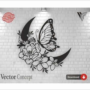 以下が含まれることがあります： 三日月と蝶と花のデザインの白黒ベクターイラスト。画像の下部にVector ConceptとDownloadが表示されています。